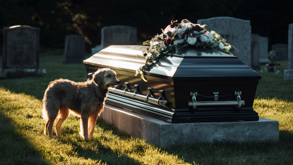 Paws Of Purpose - Death Of Owner - Picture Of A Dog Standing Near A Coffin - PawsOfPurpose.com