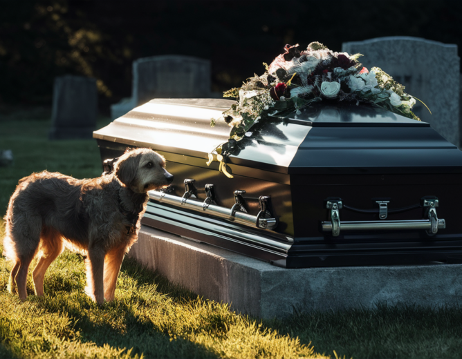Paws Of Purpose - Death Of Owner - Picture Of A Dog Standing Near A Coffin - PawsOfPurpose.com