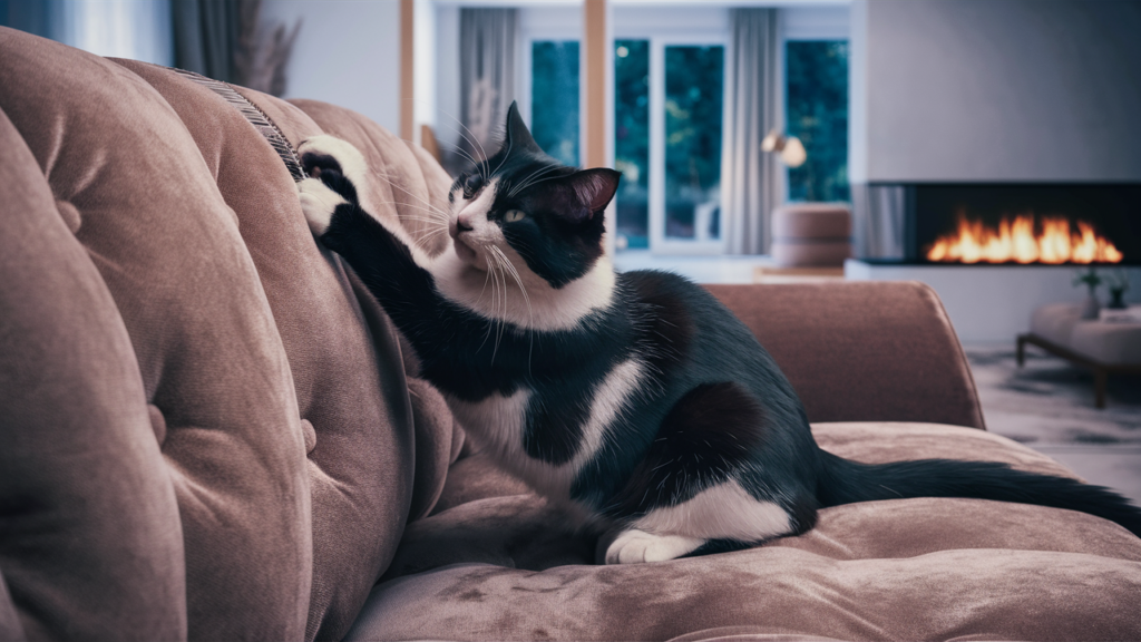 Paws Of Purpose - Destructive Pets - Picture Of A Cat On A Couch Scratching The Couch Up - PawsOfPurpose.com