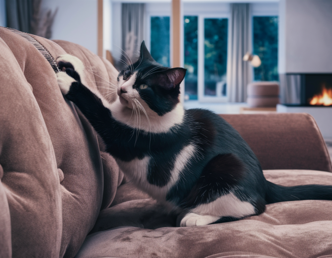 Paws Of Purpose - Destructive Pets - Picture Of A Cat On A Couch Scratching The Couch Up - PawsOfPurpose.com