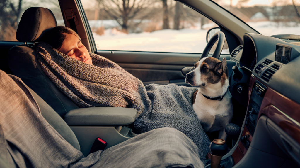 Paws Of Purpose - Volunteers - Picture Of A Homeless Man Sleeping In HIs Car With His Dog - PawsOfPurpose.com