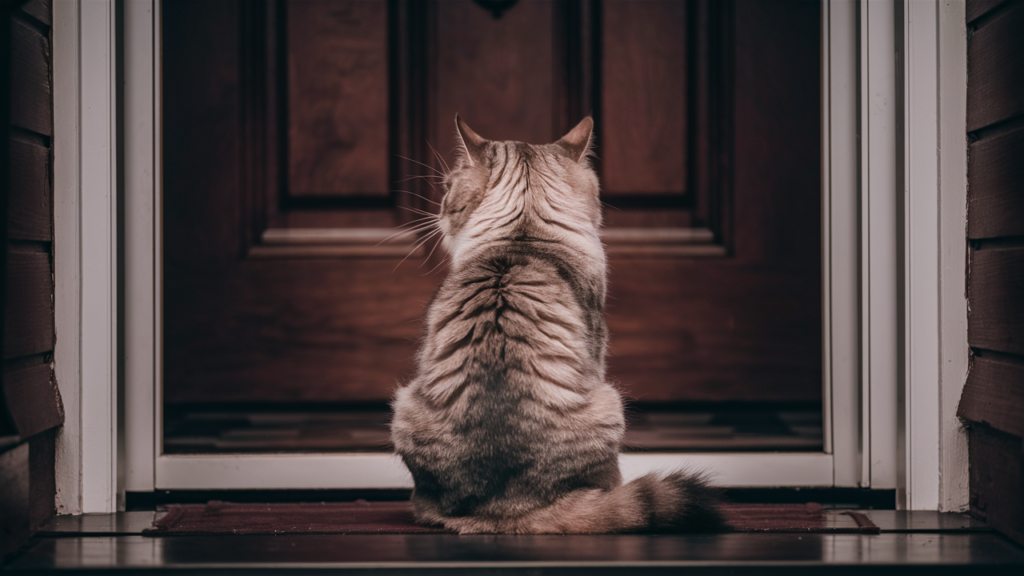 Paws Of Purpose - Pet Owner Back At Work - Picture Of A Cat Sitting By A Door Alone - PawsOfPurpose.com