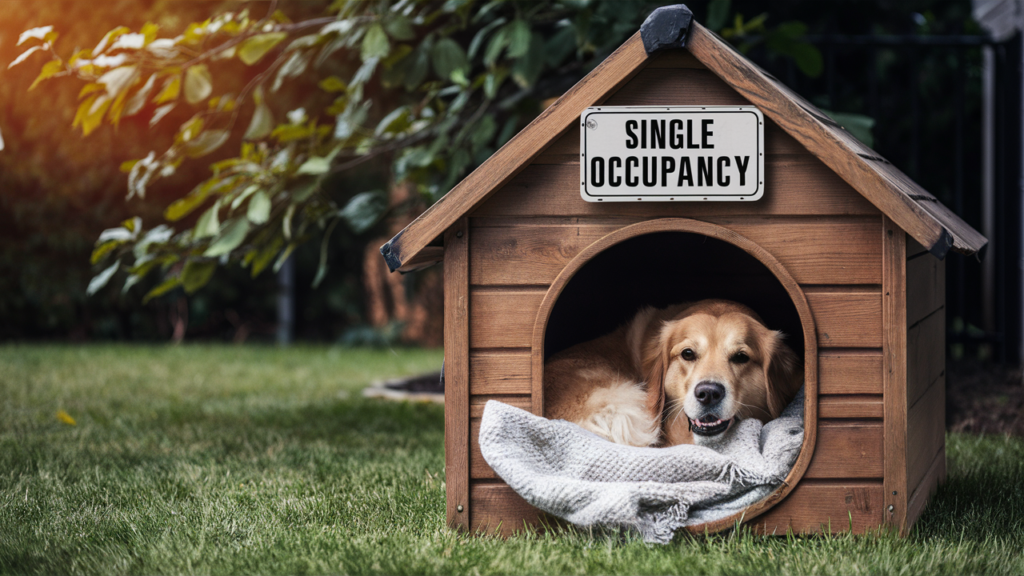 Paws Of Purpose - Spay And Neuter - Picture Of A Dog In A Dog House That Says Single Occupancy - PawsOfPurpose.com