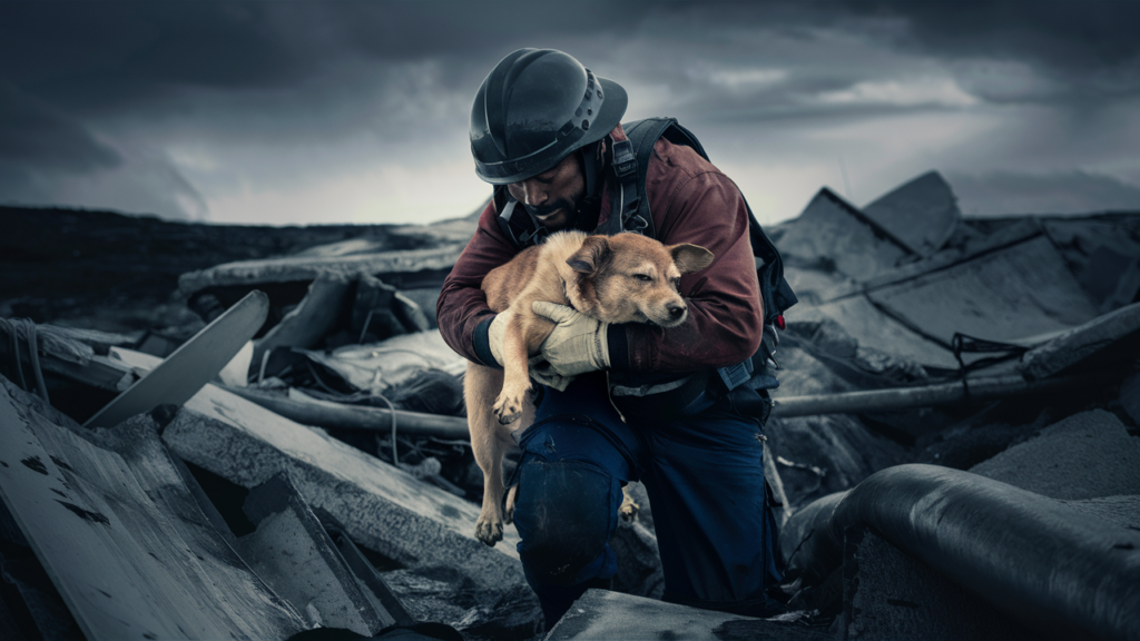 Paws Of Purpose - Natural Disaster - Picture Of A Man Saving A Dog In A Natural Disaster - PawsOfPurpose.com
