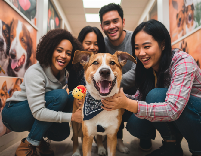 Paws Of Purpose - Pet Adoption - Picture Of A Group Of People Around a Dog Being Adopted From A Shelter - PawsOfPurpose.com