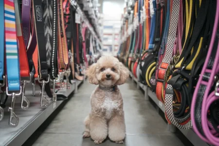 Paws Of Purpose - Pet Leashes - Picture Of A Dog Sitting In The Middle Of An Aisle Of Pet Leashes On Both Sides - PawsOfPurpose.com