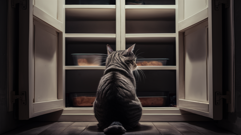 Paws Of Purpose - Cat With No Food - Picture Of A Cat Sitting In Front Of Empty Food Shelves - PawsOfPurpose.com