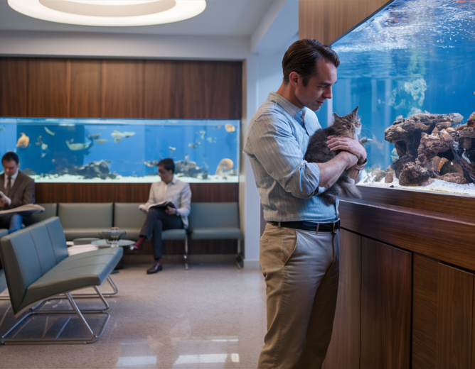 Paws Of Purpose - Man In Vet Clinic - Picture Of A Man With A Cat At A Vets Office - PawsOfPurpose.com